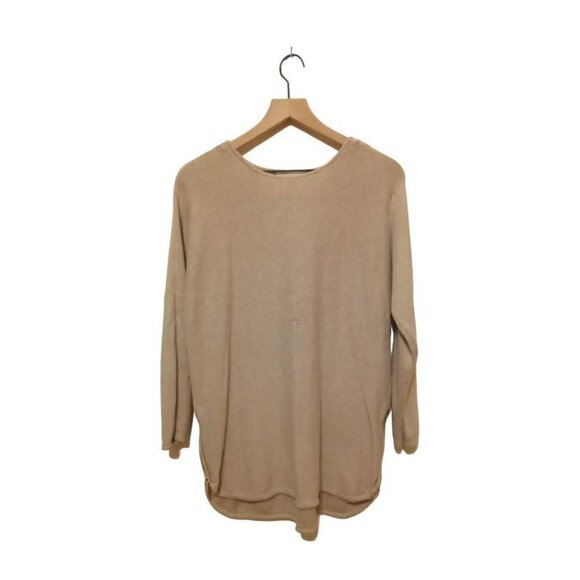 Michael Kors Tan Crew Neck Hi-Lo Double Side Zip Long Sleeve Sweater Sz L - Picture 1 of 9